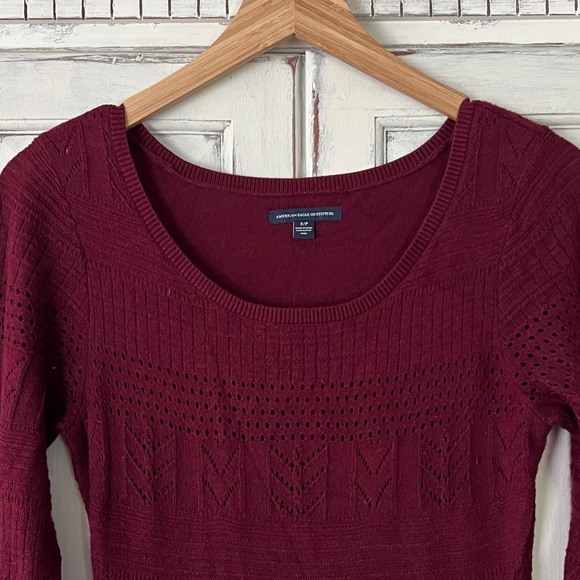 🟠AMERICAN EAGLE Lined Crochet Long Sleeve Boho Sweater Dress in Deep Wine SMALL - Picture 3 of 12